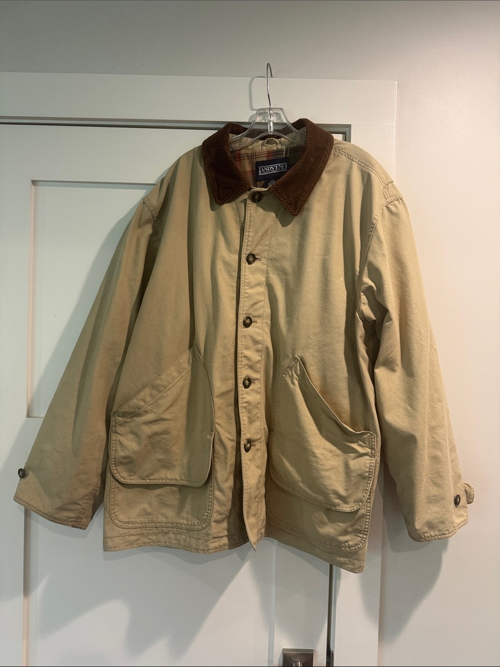Lands' End Men's Barn Field Jacket with Brown Corduroy Collar Plaid lining